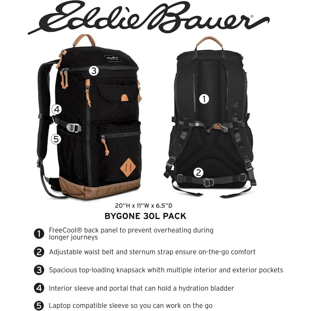 Eddie Bauer Bygone 30L Backpack with Top Loading Knapsack, Black